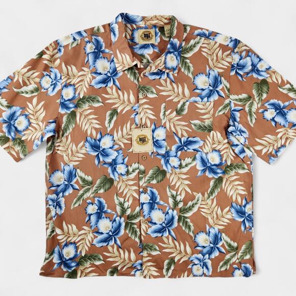 Pusser's Hawaiian Shirt Men's Large Brown Floral Silk-Blend Loop Collar - Picture 1 of 10